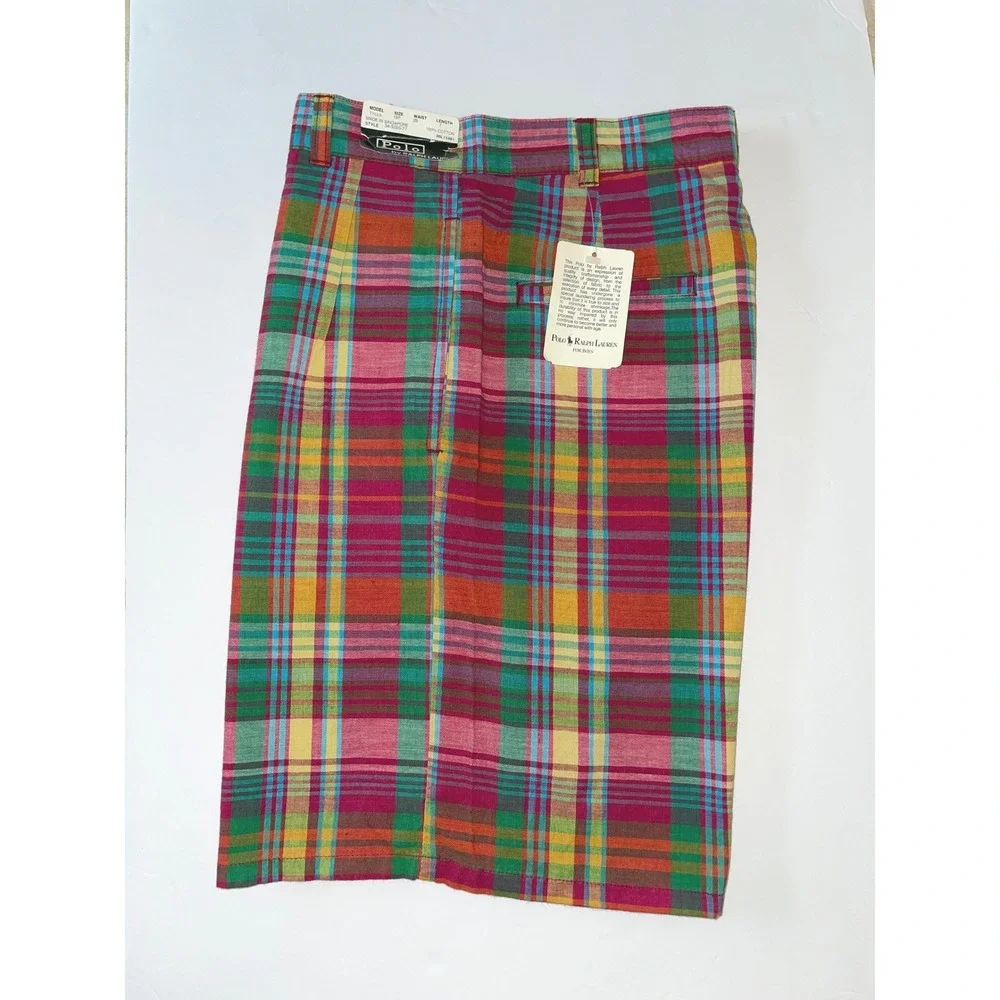 VTG Polo Ralph Lauren Tyler Madras Plaid Shorts Multi Pleated Cotton 18 Prep/29